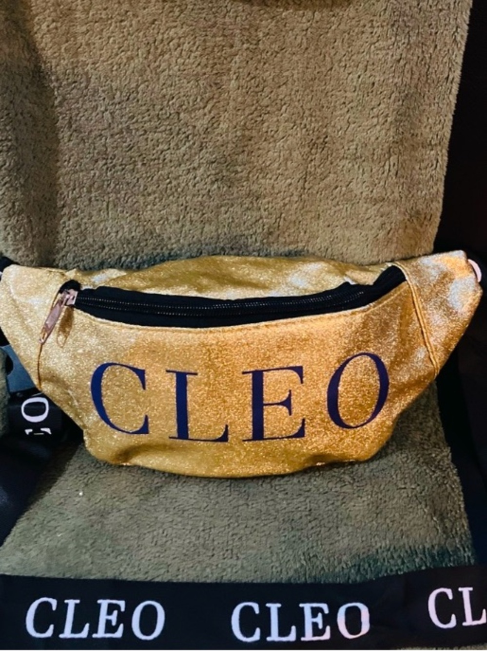 CLEO Gold Glitter Waist  Bag with Purple Logo